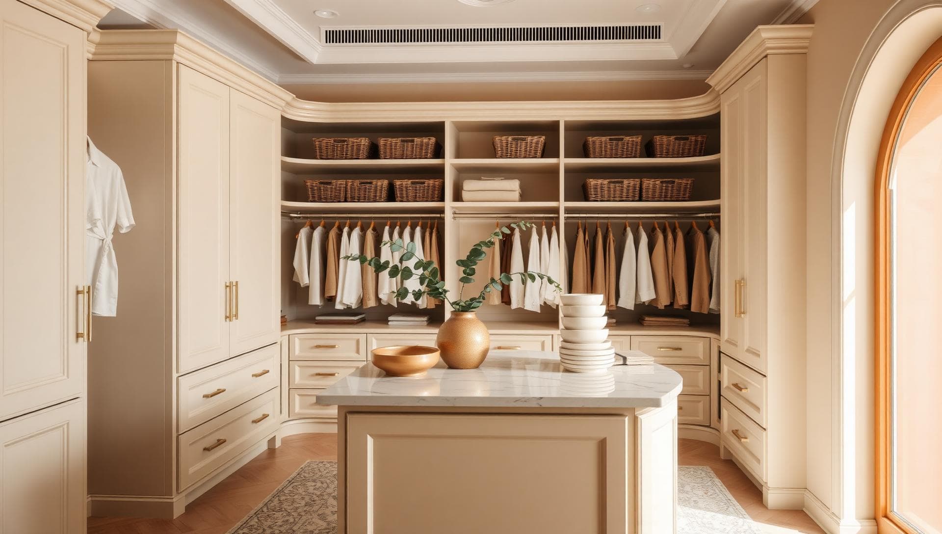 Luxury walk-in wardrobe with cream cabinetry, brass handles and woven baskets