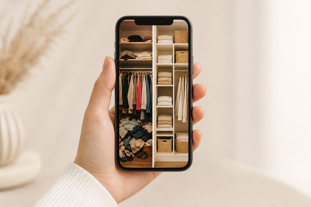 Phone previewing an organised wardrobe before and after